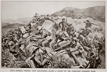 Con el General French: Neozelandeses salvando un piquete del Regimiento de Yorkshire cerca de Slingersfontein el 15 de enero, de un boceto de G.D. Giles (fl.1890)